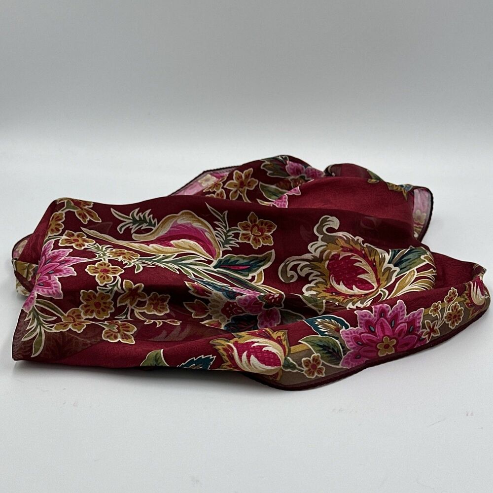 Oscar De La Renta Vintage Silk Floral Scarf 11”X 52” Burgundy, Gold, Bright Pink - Picture 3 of 11